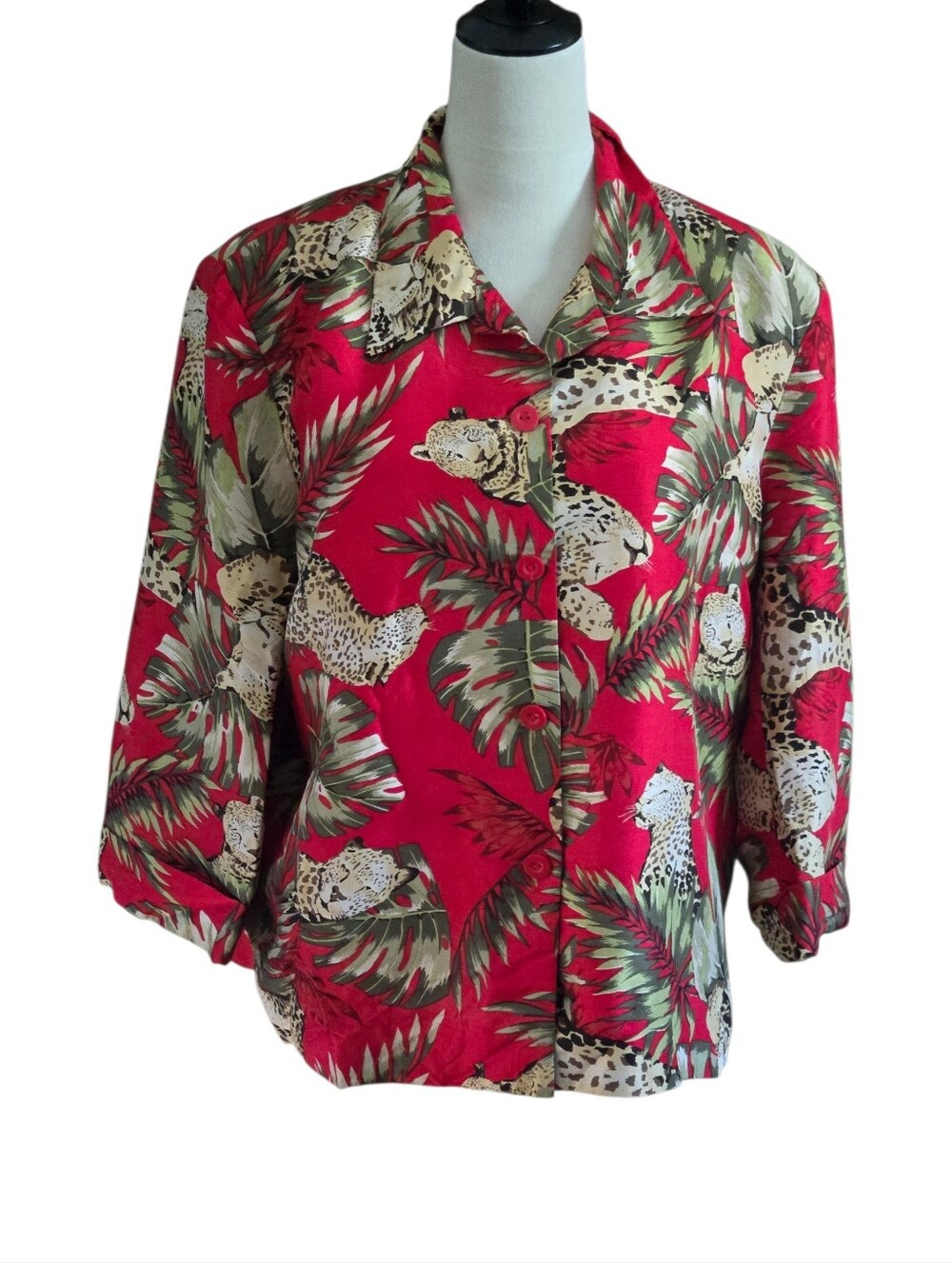 Vintage 90s Silkland 100% Silk Leopard Tropical Palm Blouse Red Women's XL